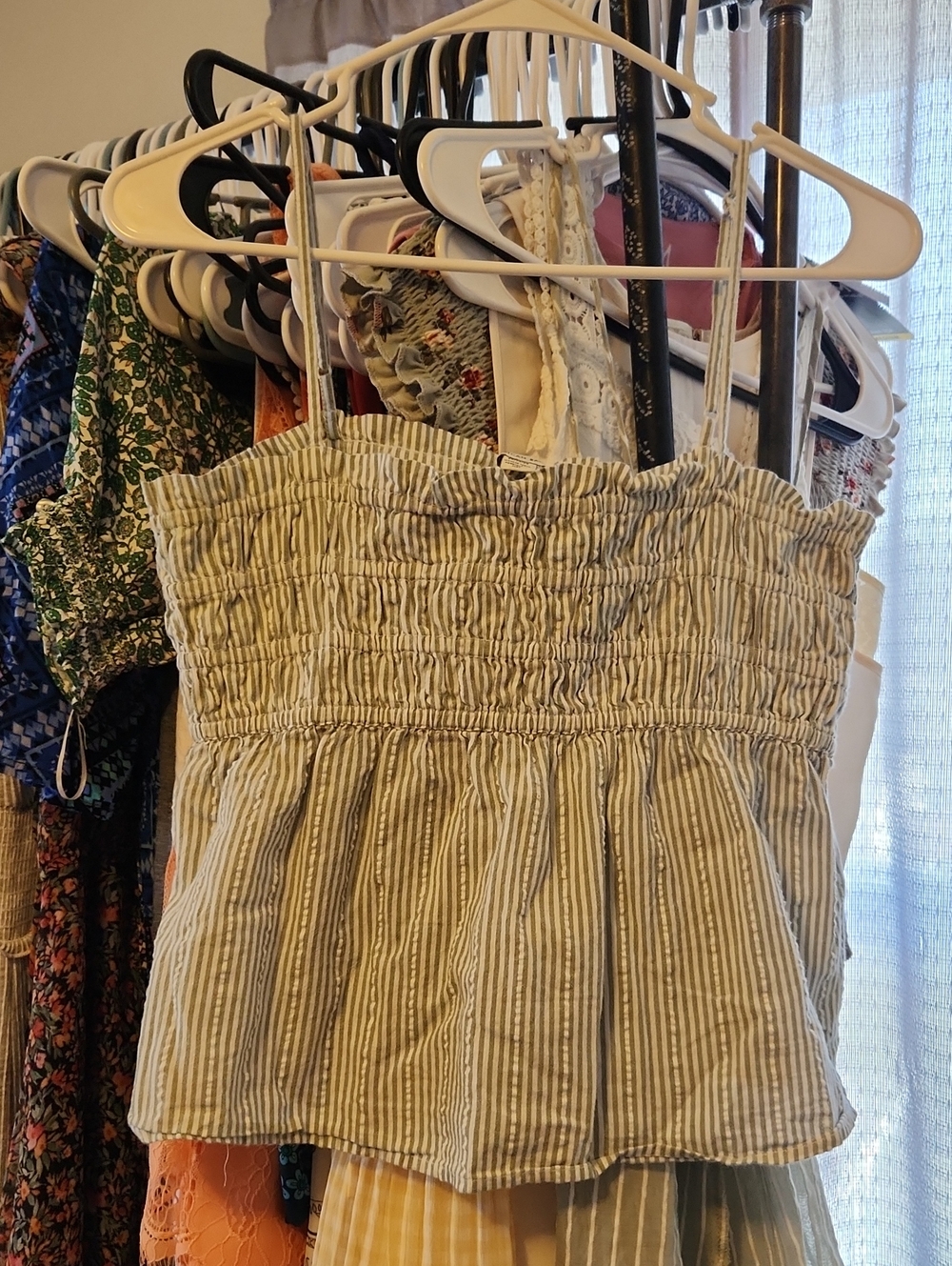 American Eagle Outfitters White and Olive Green Striped Top